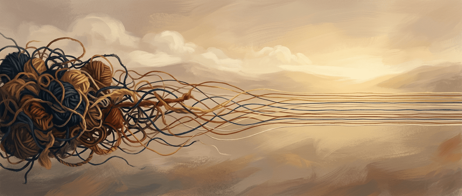 Warm illustration of tangled threads unwinding with golden light breaking through