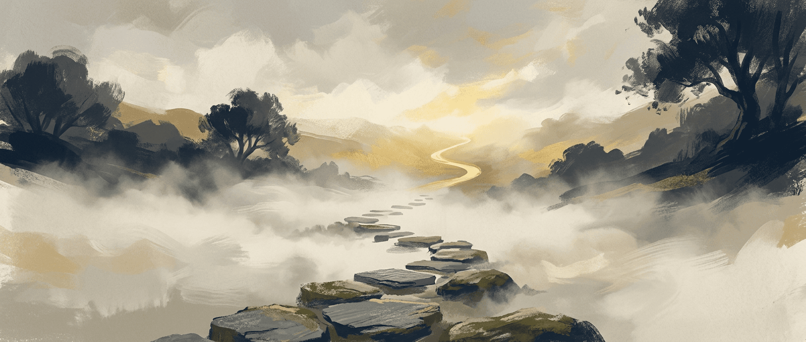 Warm-toned illustration of a path leading through mist toward light