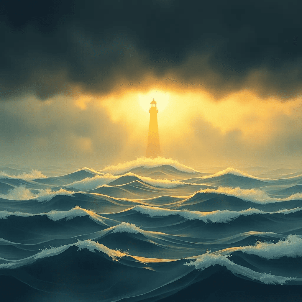 Warm illustration of a stormy sea becoming calm with lighthouse beam