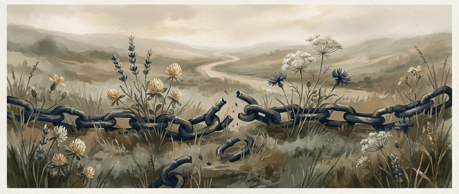 Warm illustration of a broken chain with wildflowers growing through the links