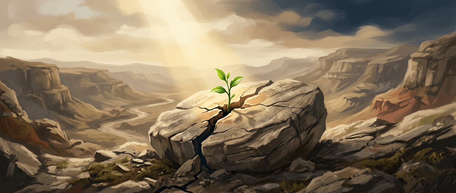Warm-toned illustration of light breaking through storm clouds over a landscape