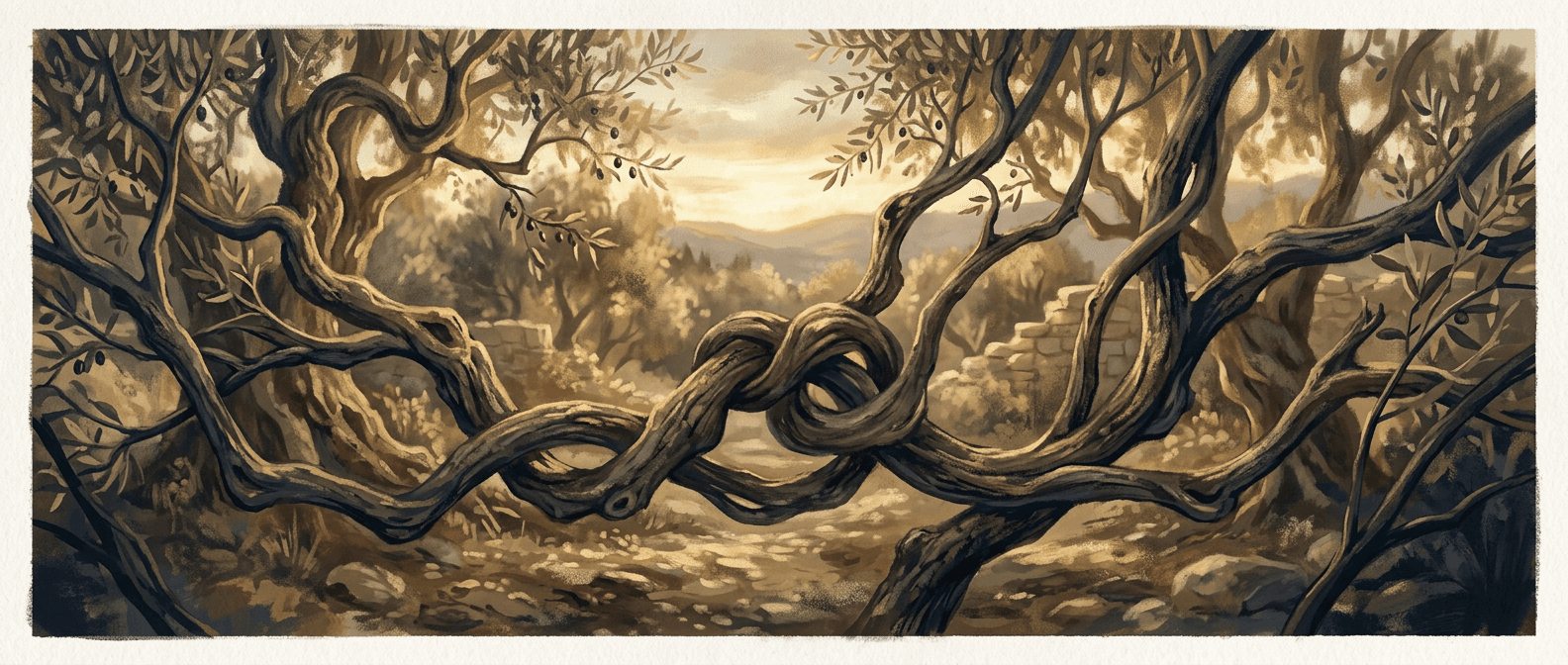 Warm illustration of intertwined olive branches with golden light in a garden