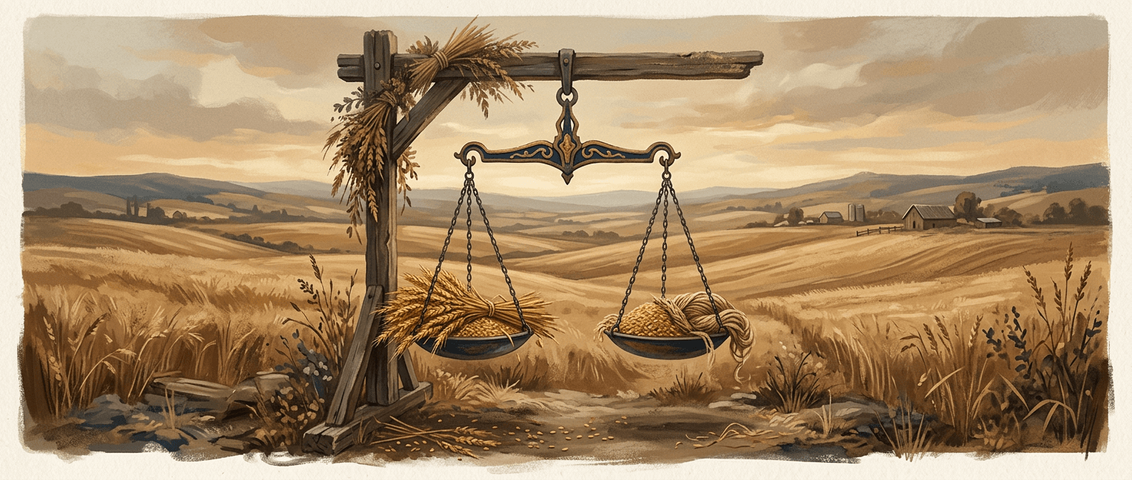 Warm-toned illustration of seeds being scattered into golden fields