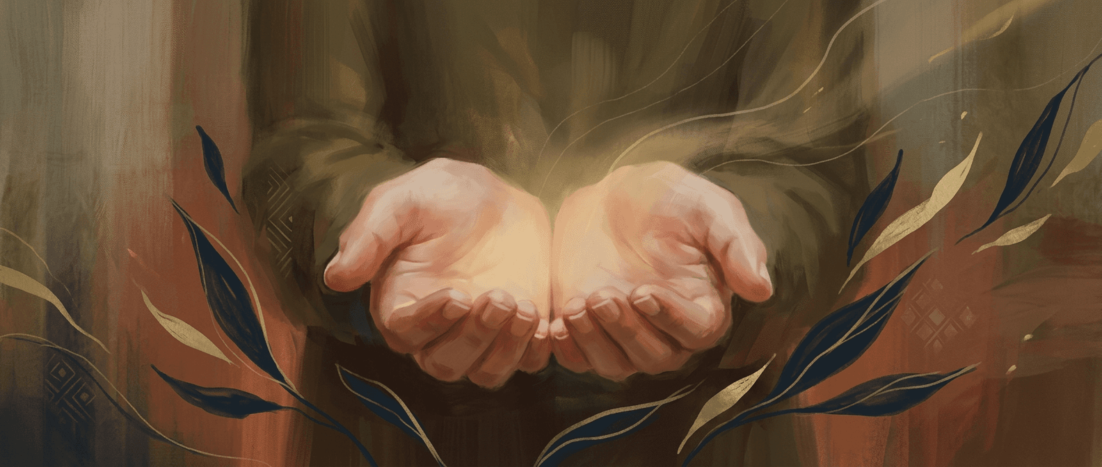 Warm-toned illustration of hands lifted in prayer with light streaming down