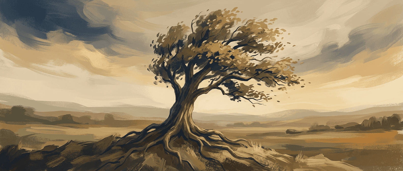 Warm-toned illustration of an eagle rising above storm clouds