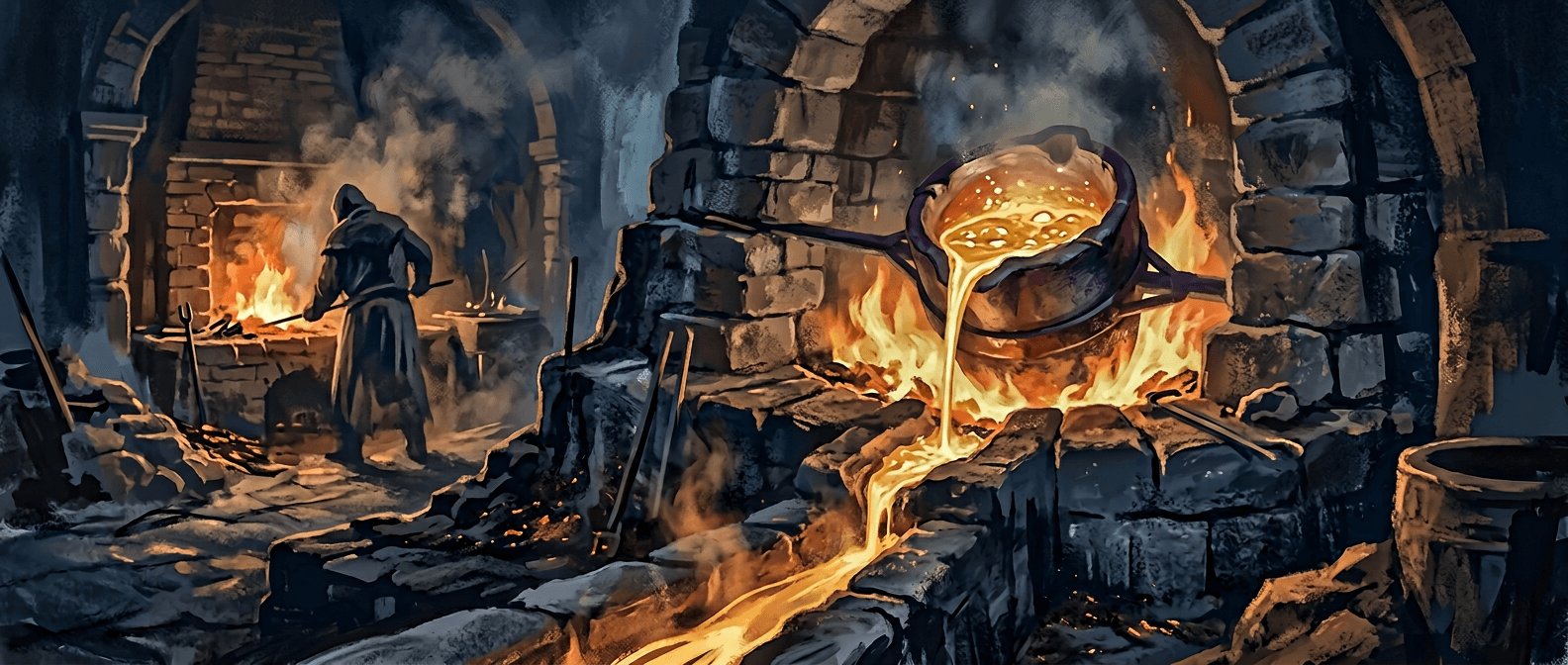 Warm-toned illustration of gold being refined by fire with light emerging