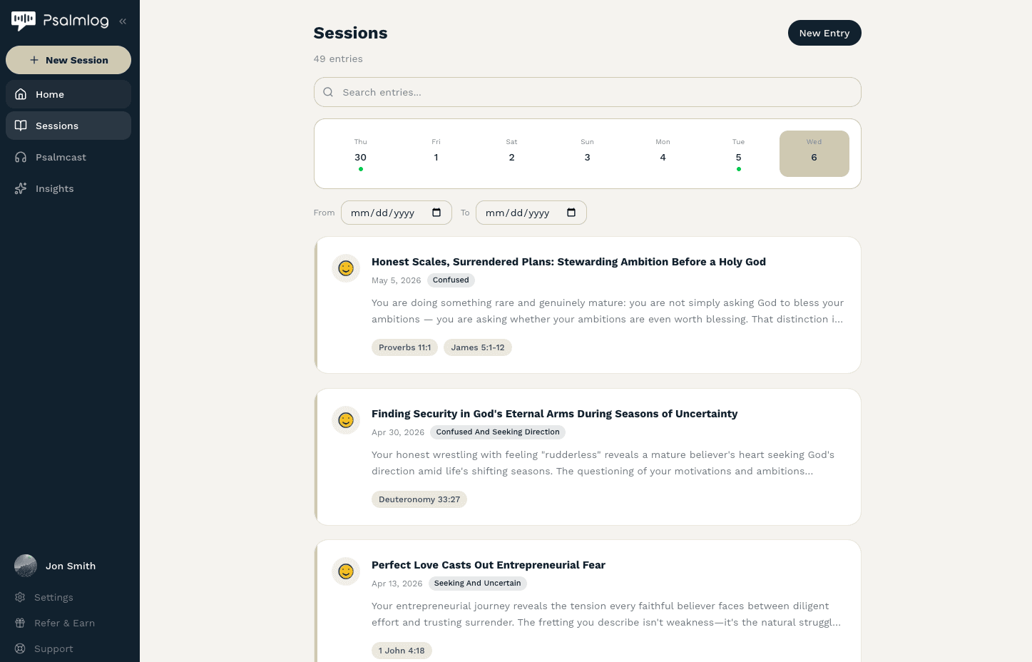 Psalmlog app screens across mobile and desktop