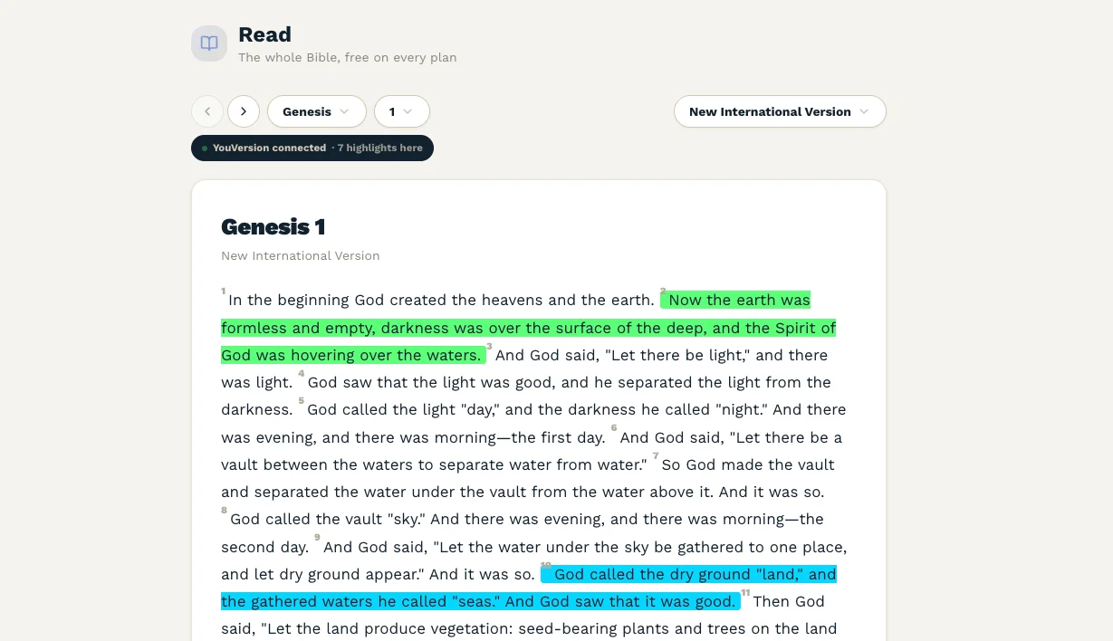 Genesis 1 in Psalmlog's reader, NIV, with a YouVersion connected badge reading "7 highlights here" and two highlighted passages