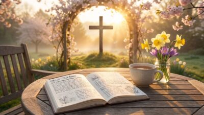 Easter morning scene with journal on sunlit garden table and spring flowers